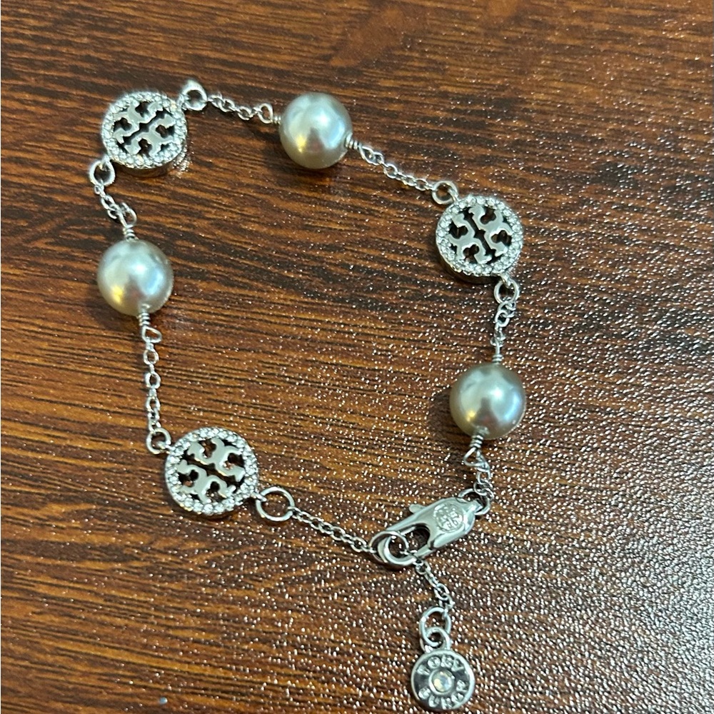 Tory Burch Pave Silver and Pearl Bracelet, length 6.5”- 8”